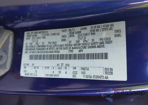 2016 Ford Escape Se from USA, damaged, VIN 1FMCU9GX2GUA61552